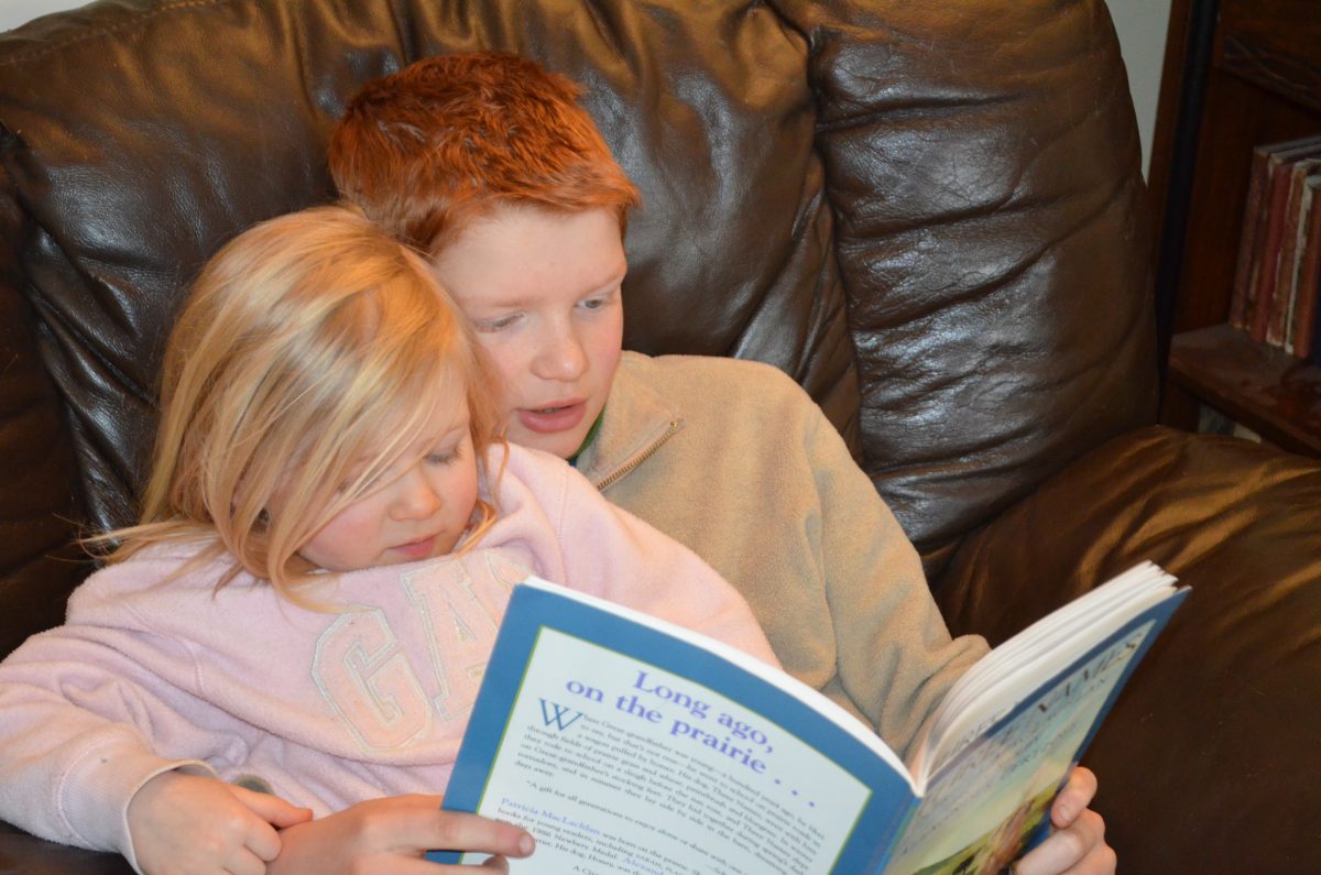 Boy reading book to sister